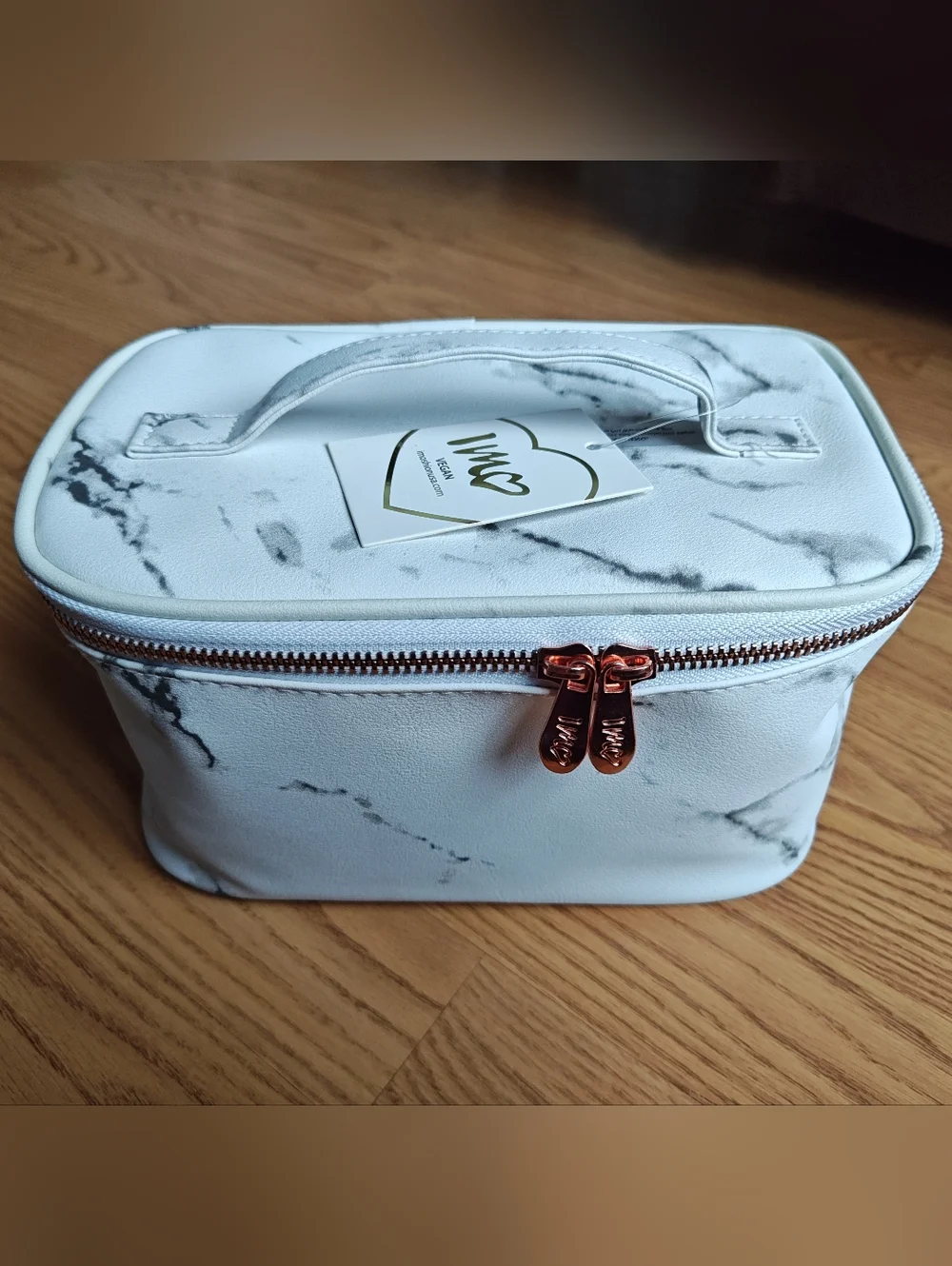 IMOSHION White Marble Vegan Leather Makeup Bag & Travel Case Rose Gold Accents